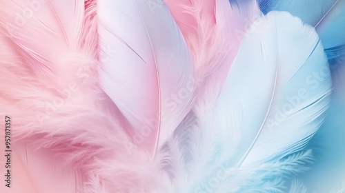 Closeup view of beautiful pastel-colored feathers in soft pink, baby blue, and white colors
