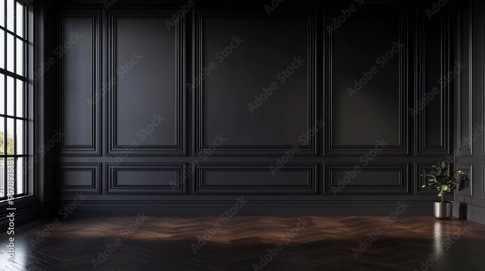 Modern classic black empty interior with wall panels and wood flooring. 3D rendering. Modern classic black empty interior with wall panels and wood flooring. 3D rendering.