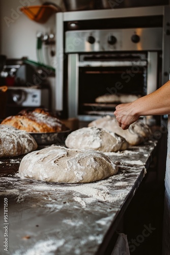 A home-based bakery kitchen with a baker making artisan sourdough bread. The dough is rising on the counter as the baker, Generative AI  photo