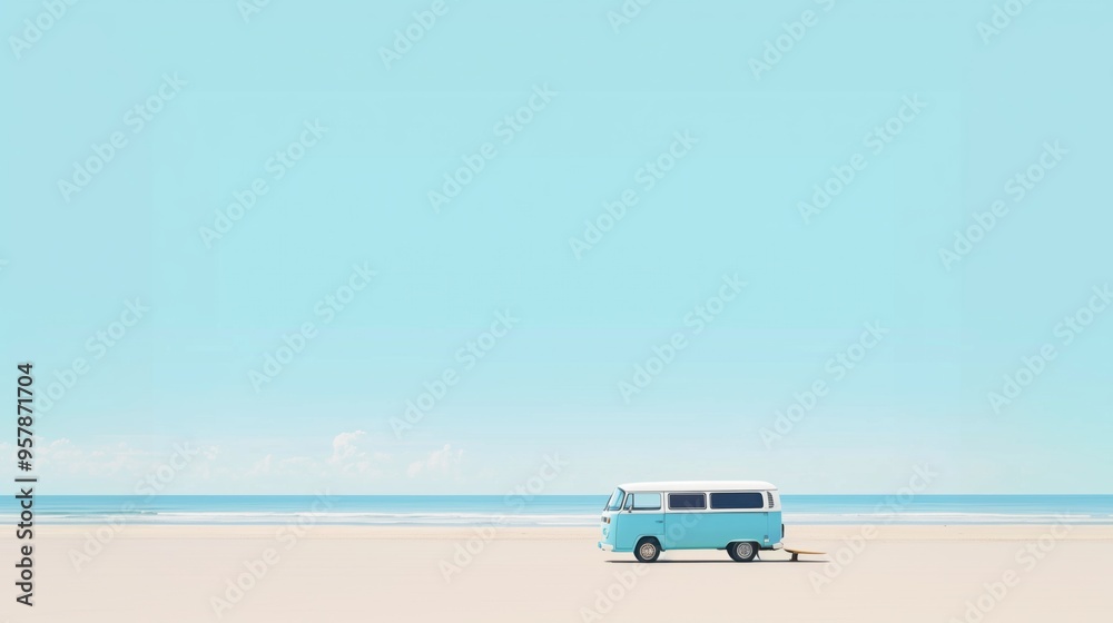 Blue van on a sandy light blue beach background Blue van on a sandy light blue beach background