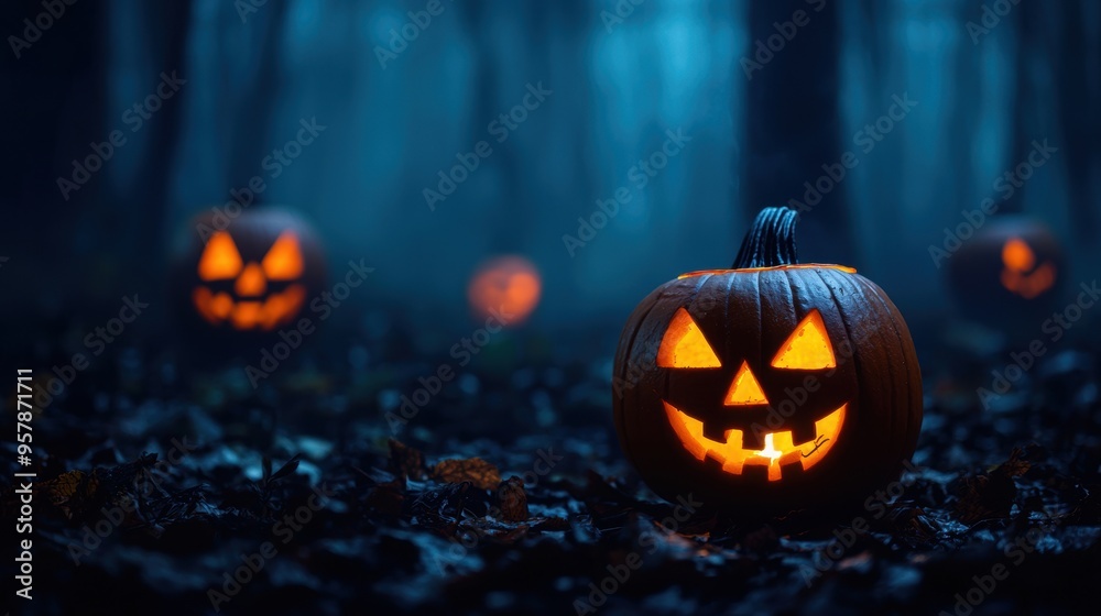 Eerie Halloween Scene with Floating Jack-O-Lanterns in Dark Foggy Forest - Ultra HD Eerie Halloween Scene with Floating Jack-O-Lanterns in Dark Foggy Forest - Ultra HD