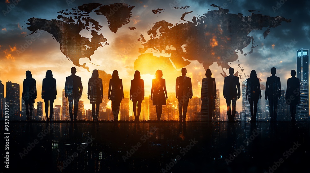 A double exposure of a group of multinational businesspeople in professional attire, merged with a detailed world map overlay, showing continents and major cities, with vibrant color contrasts, A double exposure of a group of multinational businesspeople in professional attire, merged with a detailed world map overlay, showing continents and major cities, with vibrant color contrasts,