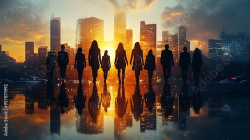 A double exposure of a multinational business team, combined with a city street scene filled with motion blur from passing cars and pedestrians,