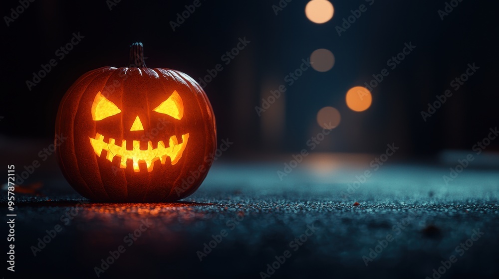 Eerie Jack-o'-lantern Illuminating Dark Alley with Copy Space, Selective Focus, Ultra HD Eerie Jack-o'-lantern Illuminating Dark Alley with Copy Space, Selective Focus, Ultra HD