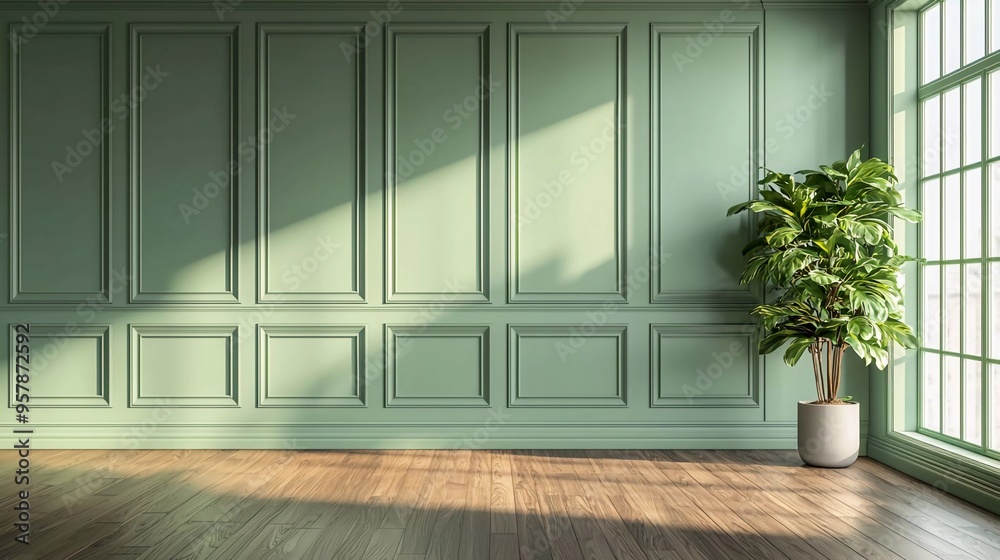 Modern classic green empty interior with wall panels and wood flooring. 3D rendering. Modern classic green empty interior with wall panels and wood flooring. 3D rendering.