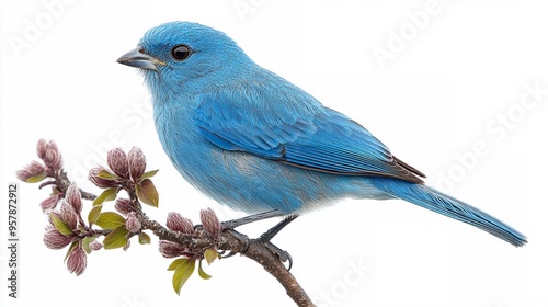 Azure Bluebird on a Branch: A vibrant bluebird perches delicately on a blossoming branch, its feathers shimmering against a crisp white background, capturing the beauty and serenity of nature. 