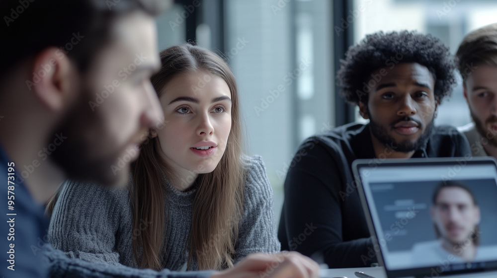 Focused business meeting with diverse professionals discussing ideas around a laptop, in a contemporary office environment Focused business meeting with diverse professionals discussing ideas around a laptop, in a contemporary office environment