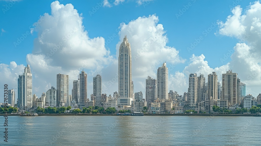 Fototapeta premium A view of the Mumbai skyline with the iconic Antilia building towering above the cityscape.