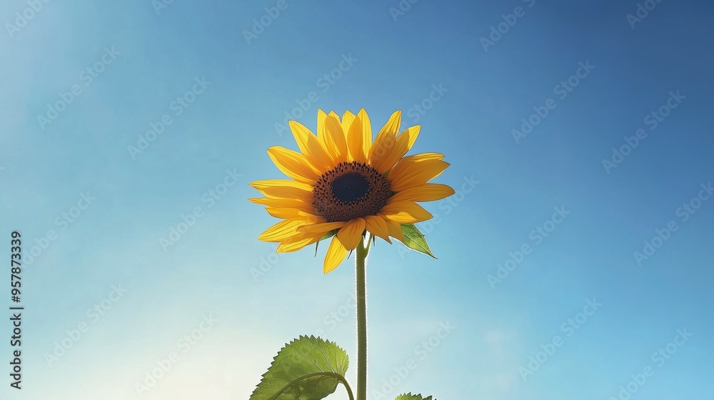 Fototapeta premium A single sunflower in the sky clear blue background low-angle shot