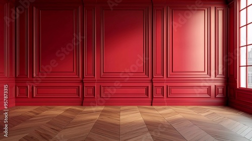 Fototapeta Naklejka Na Ścianę i Meble -  Modern classic red empty interior with wall panels and wood flooring. 3D rendering