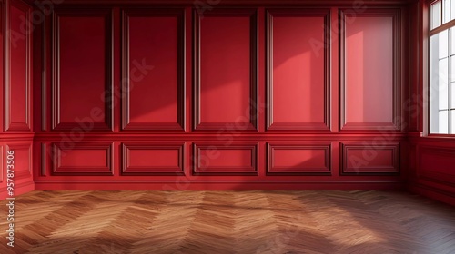 Fototapeta Naklejka Na Ścianę i Meble -  Modern classic red empty interior with wall panels and wood flooring. 3D rendering