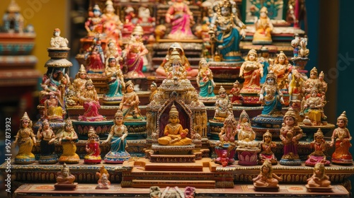 A view of the vibrant Golu doll display during Navratri, with intricate figurines arranged on steps