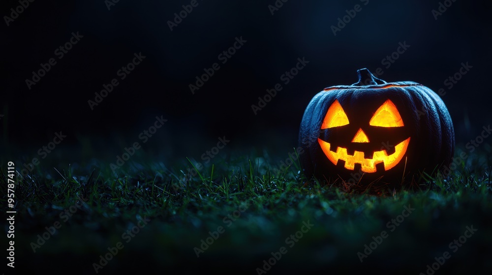 Eerie Glowing Jack-o'-Lantern in Shadowy Graveyard with Copy Space for Text - Halloween Spooky Scene with Selective Focus, Ultra HD Eerie Glowing Jack-o'-Lantern in Shadowy Graveyard with Copy Space for Text - Halloween Spooky Scene with Selective Focus, Ultra HD