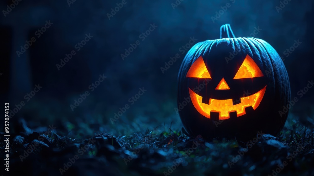 Naklejka premium Eerie Halloween Scene with Glowing Jack-o'-lantern in Shadowy Graveyard with Copy Space, Selective Focus.