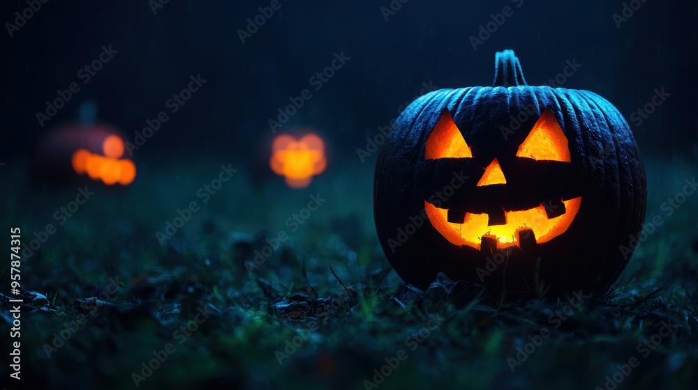 Illuminated Jack o'Lanterns in the Eerie Night with Copy Space, Selective Focus in Ultra HD Illuminated Jack o'Lanterns in the Eerie Night with Copy Space, Selective Focus in Ultra HD