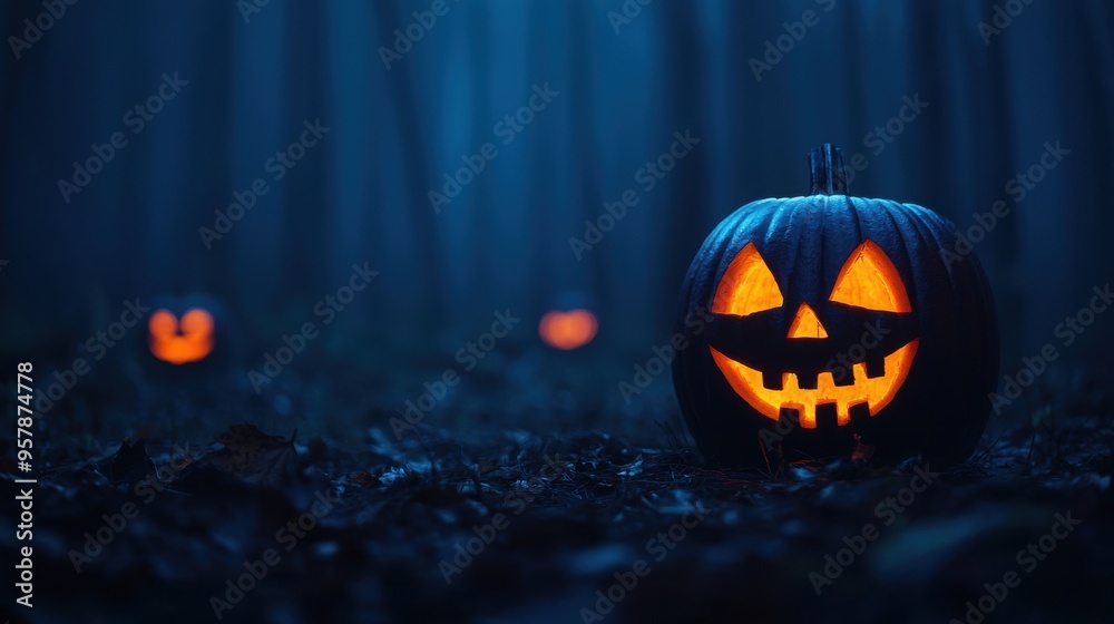 Eerie Jack-O'-Lanterns Illuminated in Misty Dark Forest - Spooky Halloween Scene with Copy Space, Ultra HD