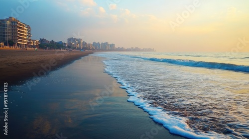 An empty Juhu Beach early in the morning, with waves gently lapping at the shore.