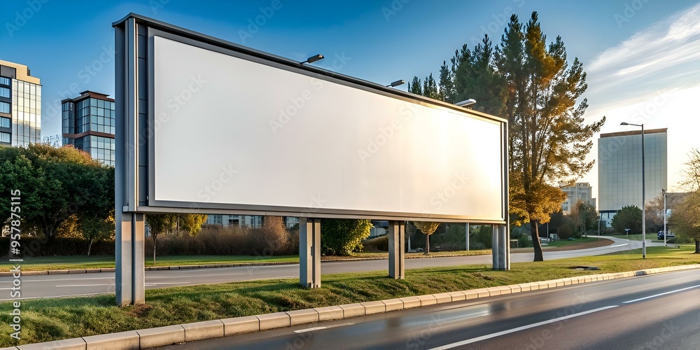 A clean. white billboard mockup standing tall against a blue sky and urban backdrop. perfect for showcasing your message with a powerful visual impact. A clean. white billboard mockup standing tall against a blue sky and urban backdrop. perfect for showcasing your message with a powerful visual impact.