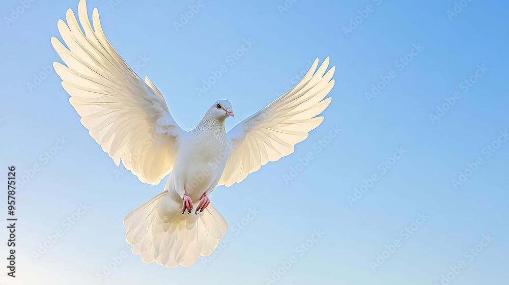 Fototapeta premium A white dove taking flight against a clear blue sky, symbolizing peace and new beginnings, wideangle shot, soft focus, natural light, serene mood