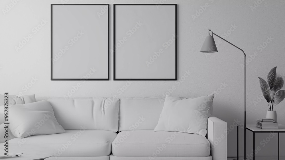 Modern minimalist interior and white. Modern interior design for posters in living room layout with white sofa and copy space. Modern minimalist interior and white. Modern interior design for posters in living room layout with white sofa and copy space.