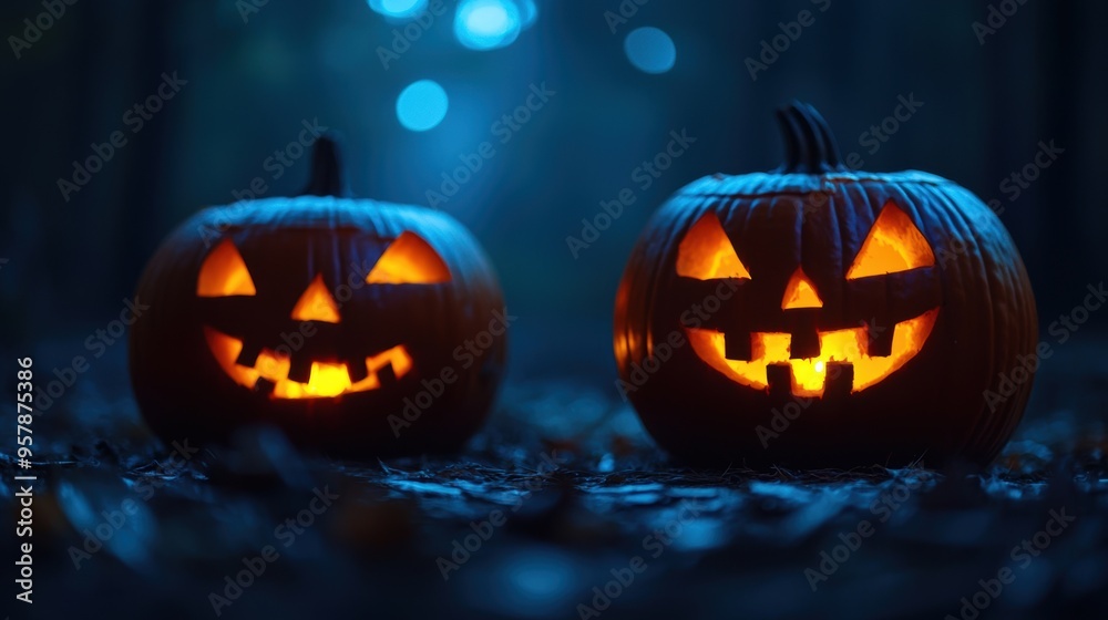 Sinister Glowing Jack-o'-Lanterns in Dark Woods with Eerie Atmosphere and Copy Space, Selective Focus - Ultra HD Sinister Glowing Jack-o'-Lanterns in Dark Woods with Eerie Atmosphere and Copy Space, Selective Focus - Ultra HD