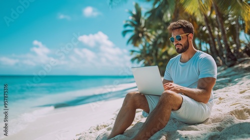 Fototapeta Naklejka Na Ścianę i Meble -  Man in business, on a tropical beach vacation with his laptop. Weekend getaways and working remotely as a freelancer