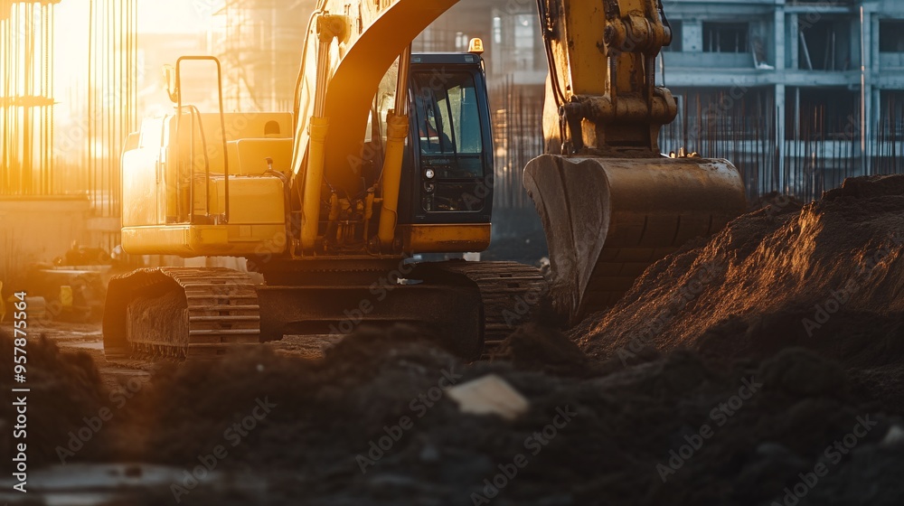 Excavator works at sunrise on a construction site, highlighting industrial activity and machinery in a vibrant light. Excavator works at sunrise on a construction site, highlighting industrial activity and machinery in a vibrant light.