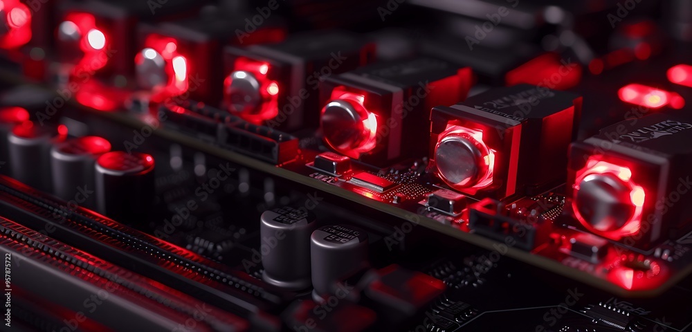 Close-up of RGB motherboard ports with red lights, stylish gaming environment