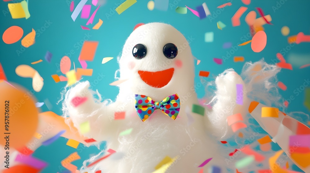 Obraz premium Cute Ghost Celebrating Halloween with Confetti