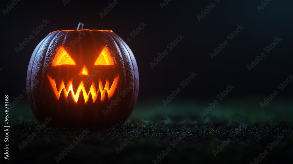 Glowing Spooky Jack-o'-lantern with Sharp Teeth in Dark Room - Halloween Concept with Copy Space, Ultra HD Quality Image