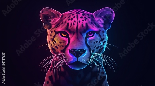 Neon pink and blue glowing cheetah face on black background digital art photo