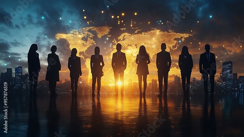 A group of business leaders from various ethnic backgrounds, standing tall against a backdrop of a glowing world clock with time zone lines, highlighting the interconnected nature of global business,