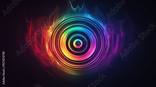 Multicolored neon spiral with central eye shape on dark background with fiery effect