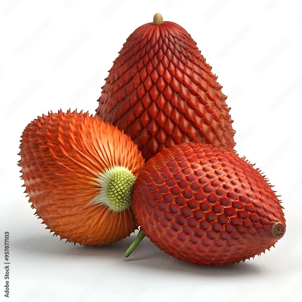 A close up of three vibrant red Salak fruits. known as snake fruits. showcasing their unique. scaly texture and intricate patterns. A close up of three vibrant red Salak fruits. known as snake fruits. showcasing their unique. scaly texture and intricate patterns.