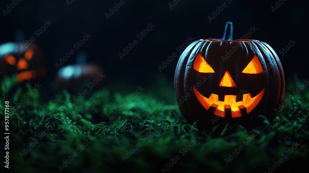 Sinister Jack-o'-lantern in Shadowy Darkness, Halloween Theme with Copy Space, Ultra HD Selective Focus Sinister Jack-o'-lantern in Shadowy Darkness, Halloween Theme with Copy Space, Ultra HD Selective Focus