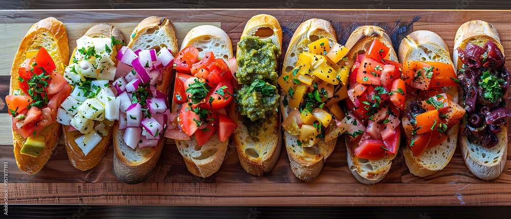 Vibrant Array of Colorful Bruschetta with Varied Toppings on Neatly Arranged Serving Board Vibrant Array of Colorful Bruschetta with Varied Toppings on Neatly Arranged Serving Board