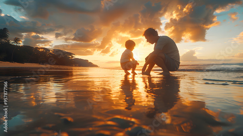 photo of a father and son playing on the beach, sunset, father's day