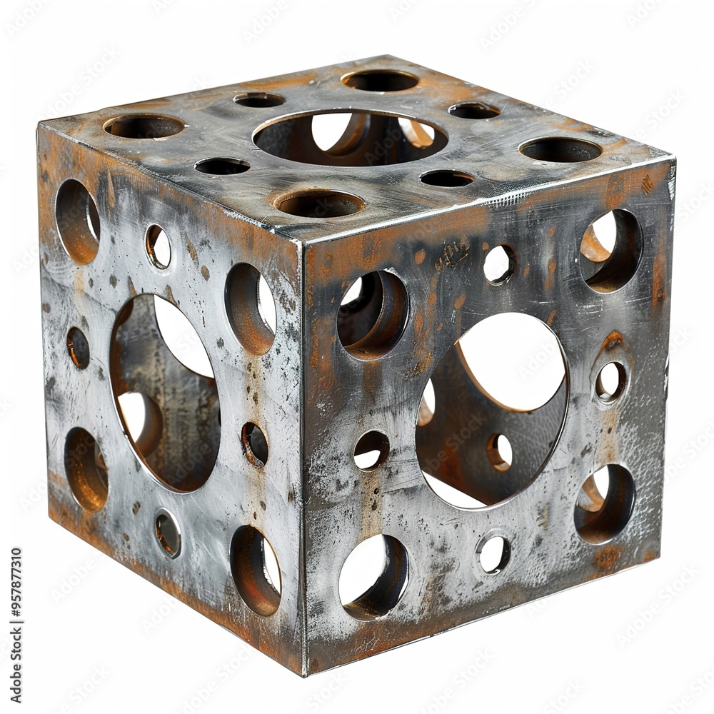 A square cube of metal with holes. A square cube of metal with holes.