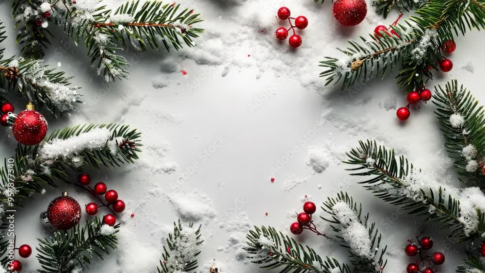 Creating a festive winter arrangement with snow-covered pine, red ornaments, and berries for holiday decor Creating a festive winter arrangement with snow-covered pine, red ornaments, and berries for holiday decor