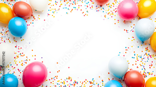 Balloons and confetti border. Birthday or white background
