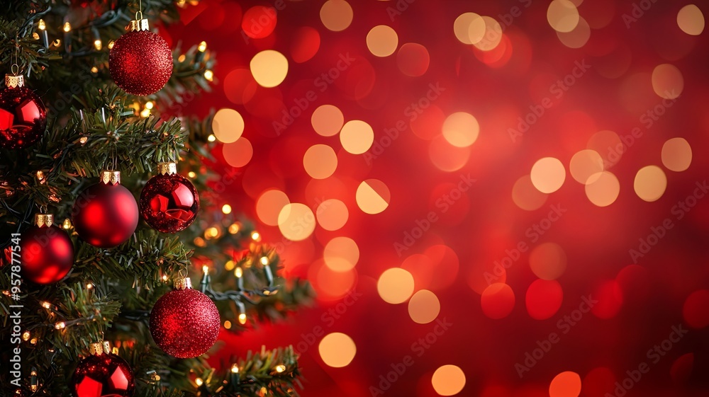 Festive Christmas Tree with Red Ornaments and Warm Bokeh Lights on Vibrant Red Background Celebrating Holiday Spirit and Joy Festive Christmas Tree with Red Ornaments and Warm Bokeh Lights on Vibrant Red Background Celebrating Holiday Spirit and Joy