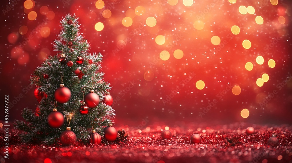 Festive Christmas Tree with Red Ornaments and Warm Bokeh Lights on Vibrant Red Background Celebrating Holiday Spirit and Joy Festive Christmas Tree with Red Ornaments and Warm Bokeh Lights on Vibrant Red Background Celebrating Holiday Spirit and Joy