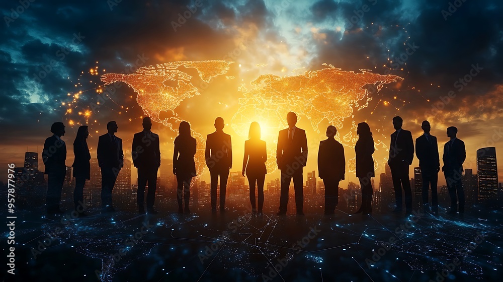 A group of multinational business professionals standing tall, overlaid with a world map connected by neon lines, A group of multinational business professionals standing tall, overlaid with a world map connected by neon lines,