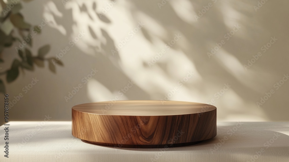 A minimalist wooden podium with a smooth, dark walnut finish, isolated on a soft cream background with gentle lighting, ideal for natural-themed perfume products A minimalist wooden podium with a smooth, dark walnut finish, isolated on a soft cream background with gentle lighting, ideal for natural-themed perfume products