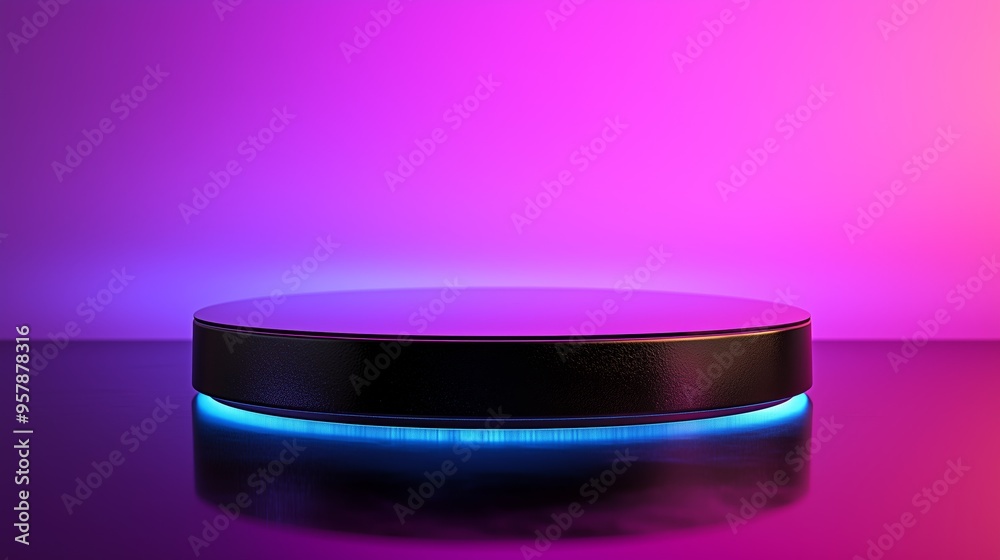 A circular, glossy black podium with a mirror-like finish, set against a gradient purple background with glowing light edges, designed for perfume display A circular, glossy black podium with a mirror-like finish, set against a gradient purple background with glowing light edges, designed for perfume display