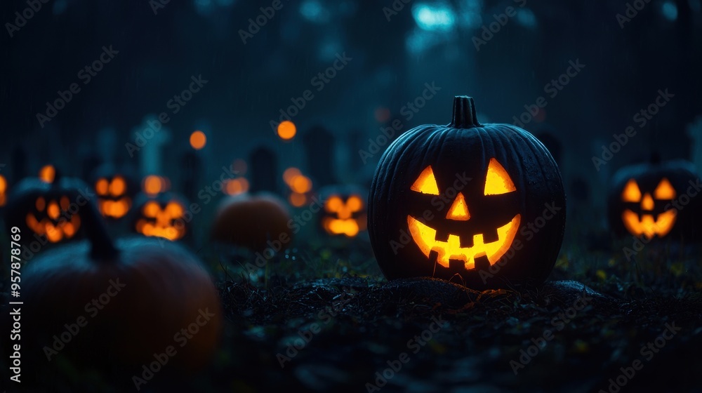 Eerie Halloween Night in a Graveyard with Glowing Jack O’ Lanterns - Spooky Atmosphere with Copy Space, Selective Focus, Ultra HD Eerie Halloween Night in a Graveyard with Glowing Jack O’ Lanterns - Spooky Atmosphere with Copy Space, Selective Focus, Ultra HD