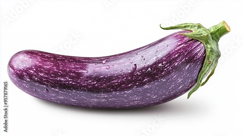 Wallpaper Mural Fresh Purple Eggplant: A single, vibrant purple eggplant with delicate green stem, glistening with dew, isolated on a pristine white background. The perfect ingredient for your culinary creations, add Torontodigital.ca