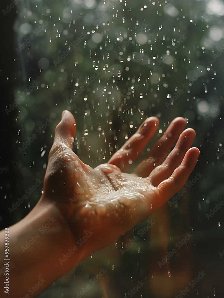 Human Hand Reaching Out to Feel Drizzle - Analog Photograph of Skin with Glistening Raindrops Human Hand Reaching Out to Feel Drizzle - Analog Photograph of Skin with Glistening Raindrops