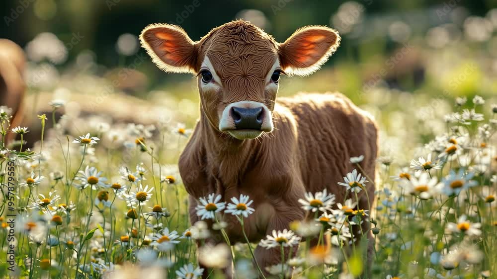 Playful calf trotting through a field of daisies on a sunny day in the countryside