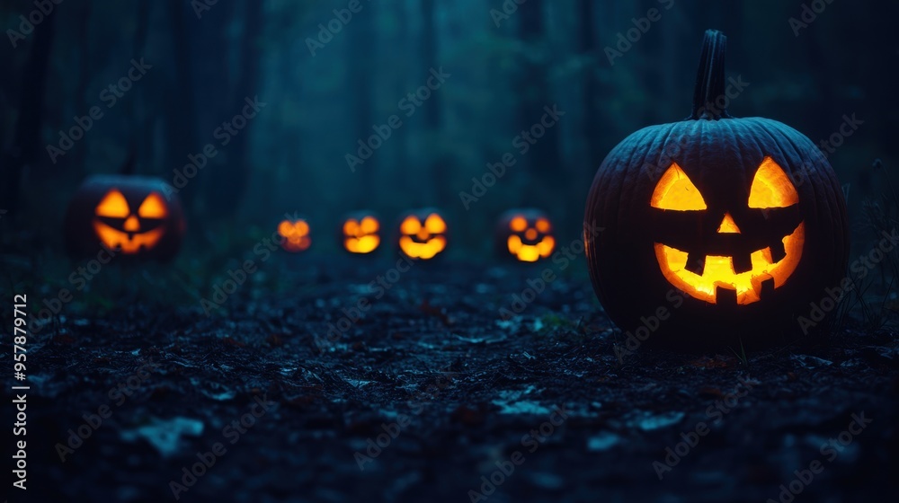 Mysterious Halloween Night Scene with Glowing Jack O'Lanterns Illuminating Spooky Pathway for Copy Space, Selective Focus, Ultra HD Mysterious Halloween Night Scene with Glowing Jack O'Lanterns Illuminating Spooky Pathway for Copy Space, Selective Focus, Ultra HD